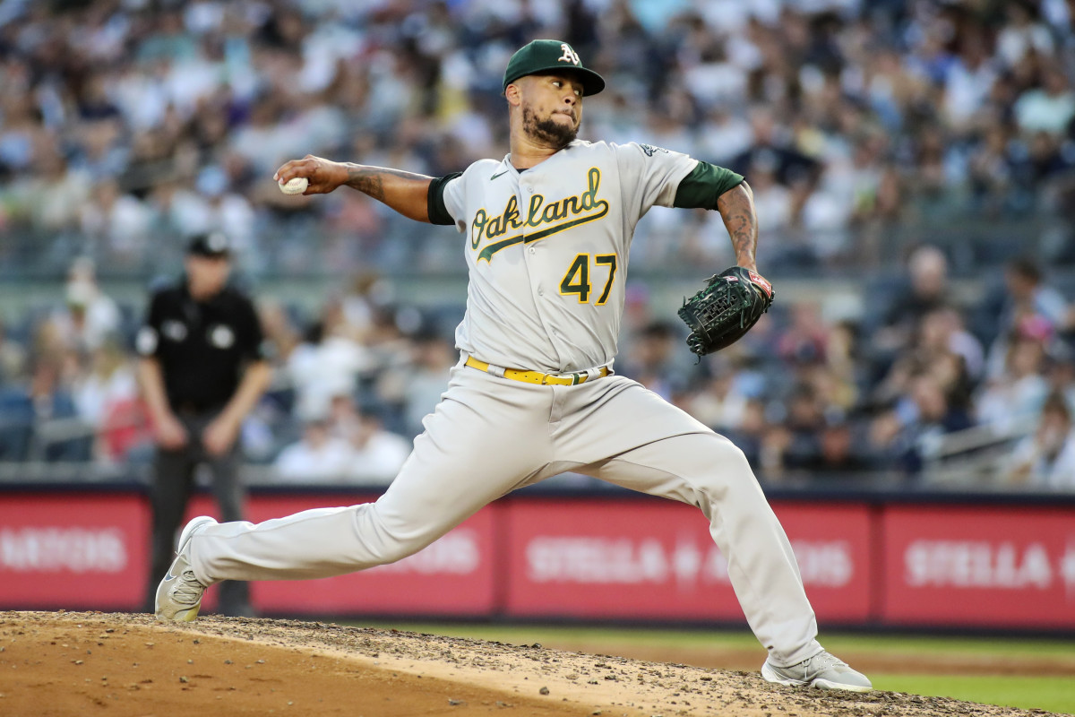 Jun 28, 2022; Bronx, New York, USA; Oakland Athletics starting pitcher Frankie Montas (47) pitches in the third inning against the New York Yankees at Yankee Stadium.
